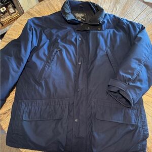 Mens XL Eddie Bauer down filled Navy blue puffer jacket work coat fits like 2XL